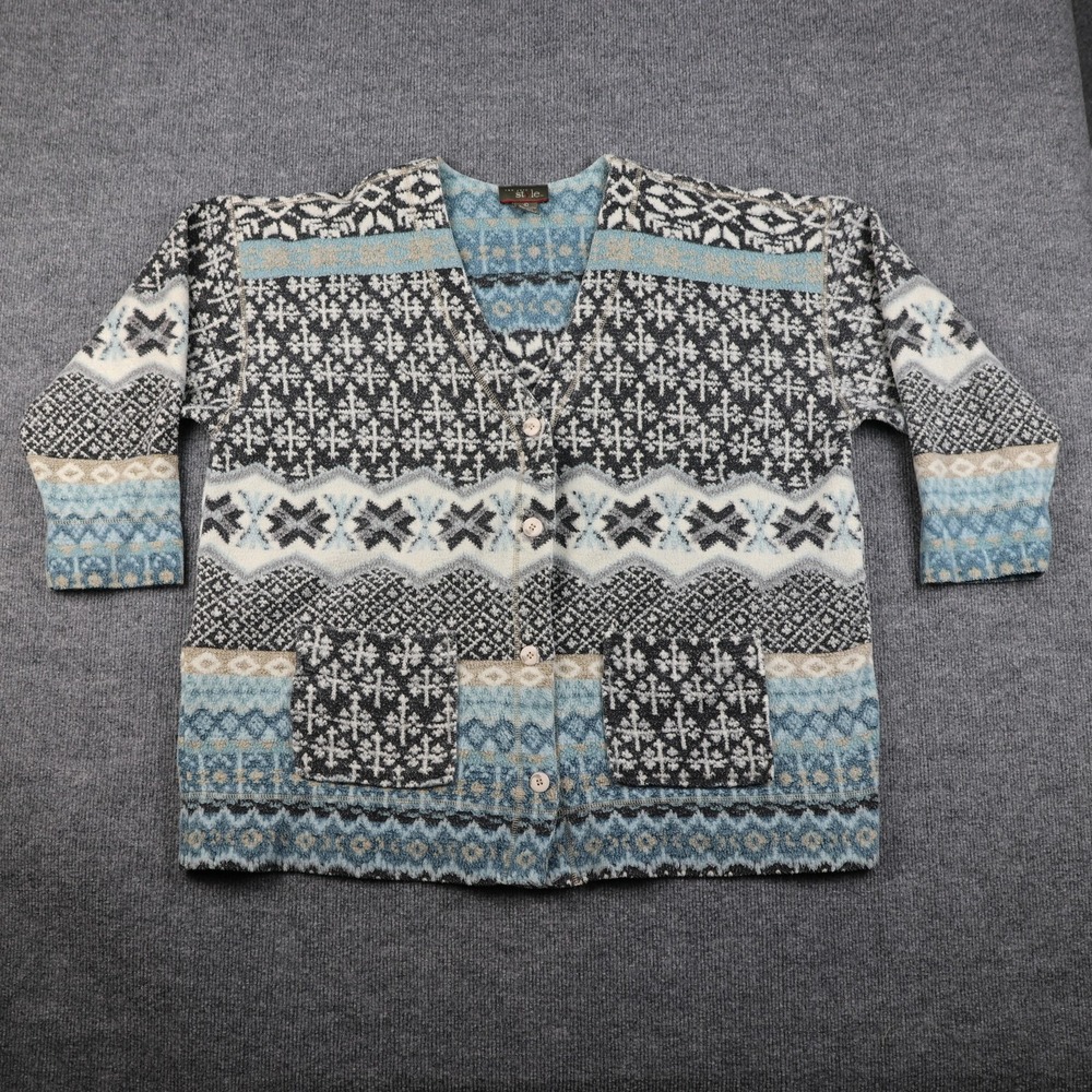 New York Style Cardigan Sweater Womens One Size Blue Black Fair Isle Knit V Neck